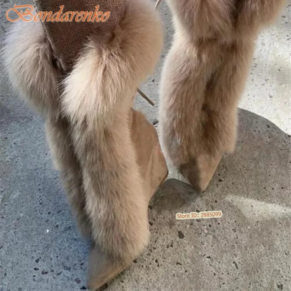 Fur Suede Wedge Boots Pointy Toe Solid Mid Calf