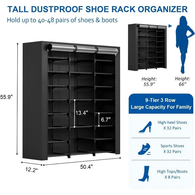 9-Tier Large Tall Shoe Rack with Covers 40-46 Pairs