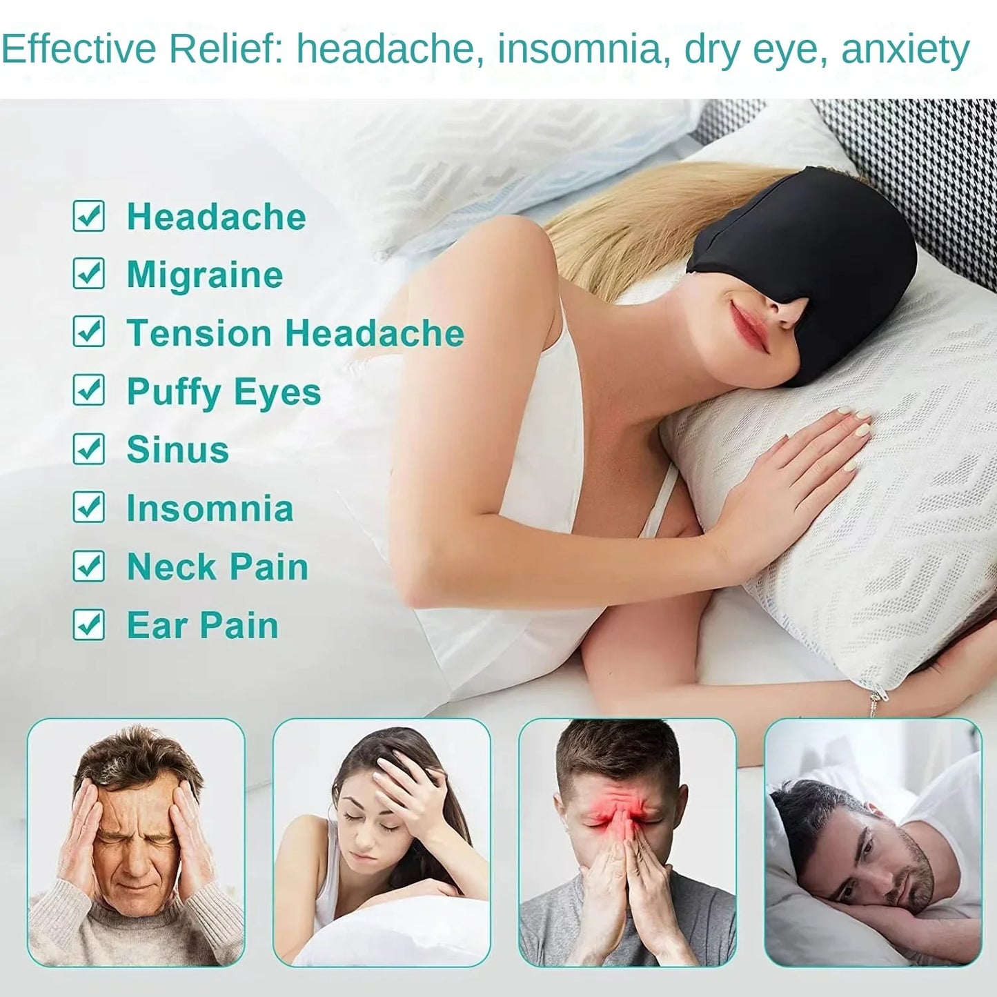 Migraine Relief Hat Eye Mask Stress Pressure Pain Relief