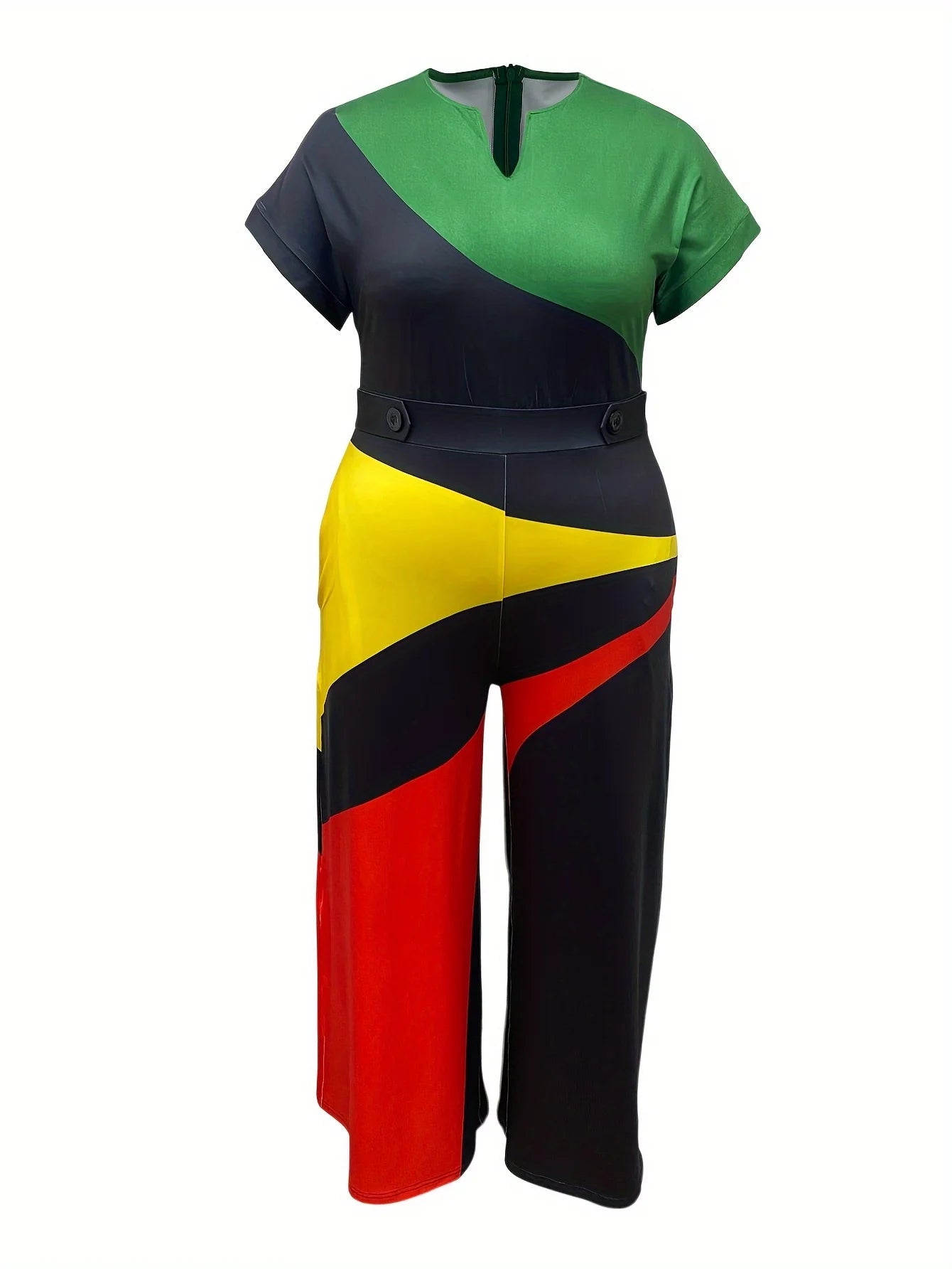 Colorblock Print V-neck Wide-leg Jumpsuit