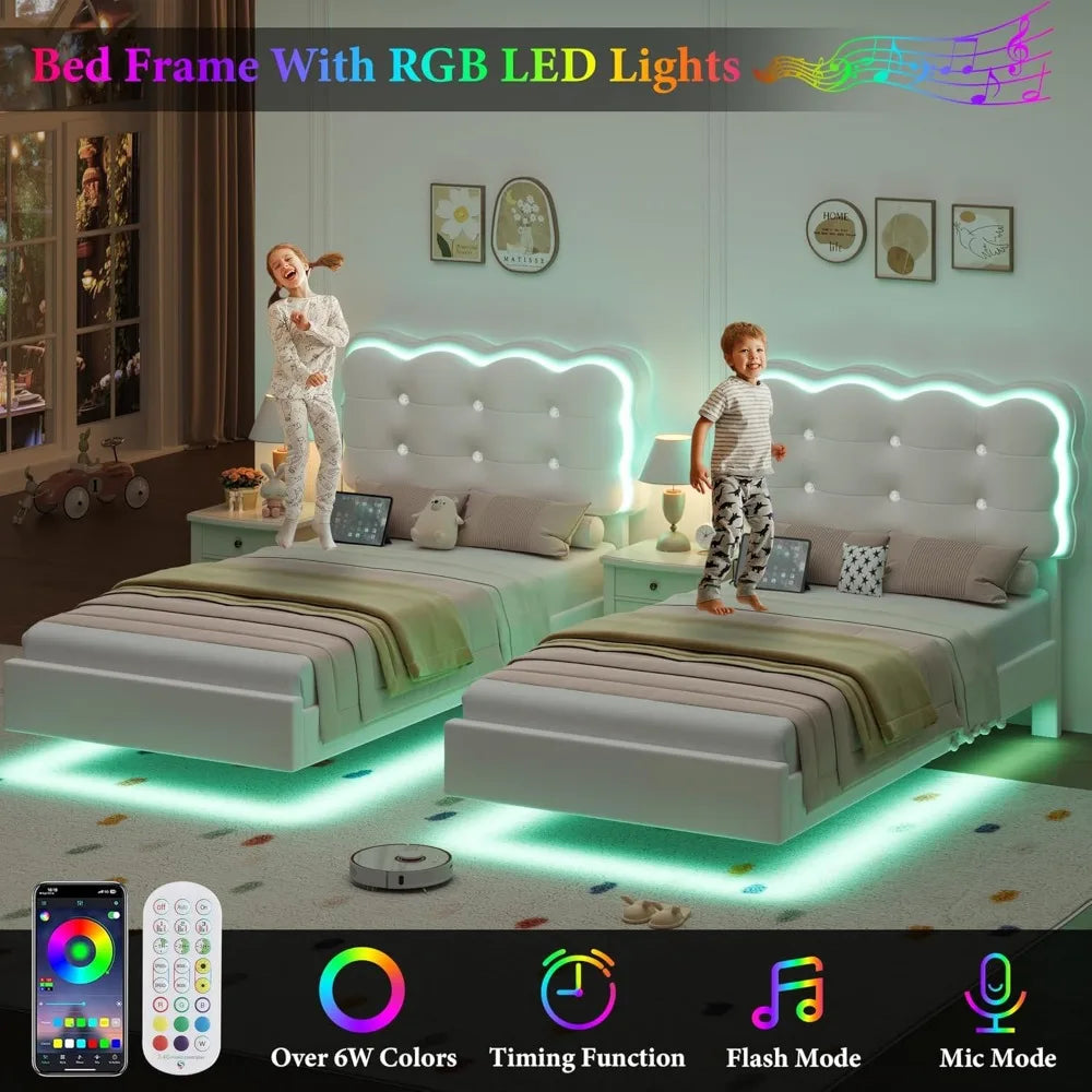 HIFIT 2 Set Upholstered Twin Size LED Bed Frame with Charging Station