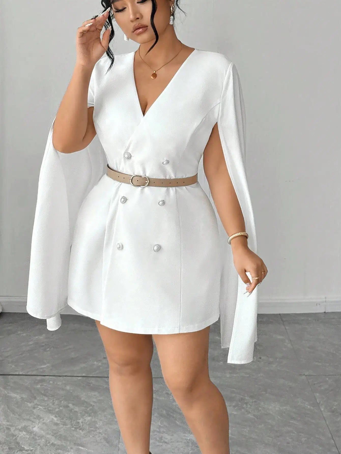 White Plus Size Cape Mini Dress with Belt