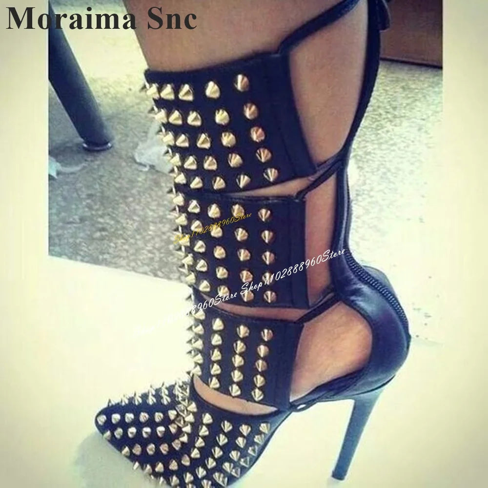 Mid Calf Black Rivet Decoration Sandal Boots