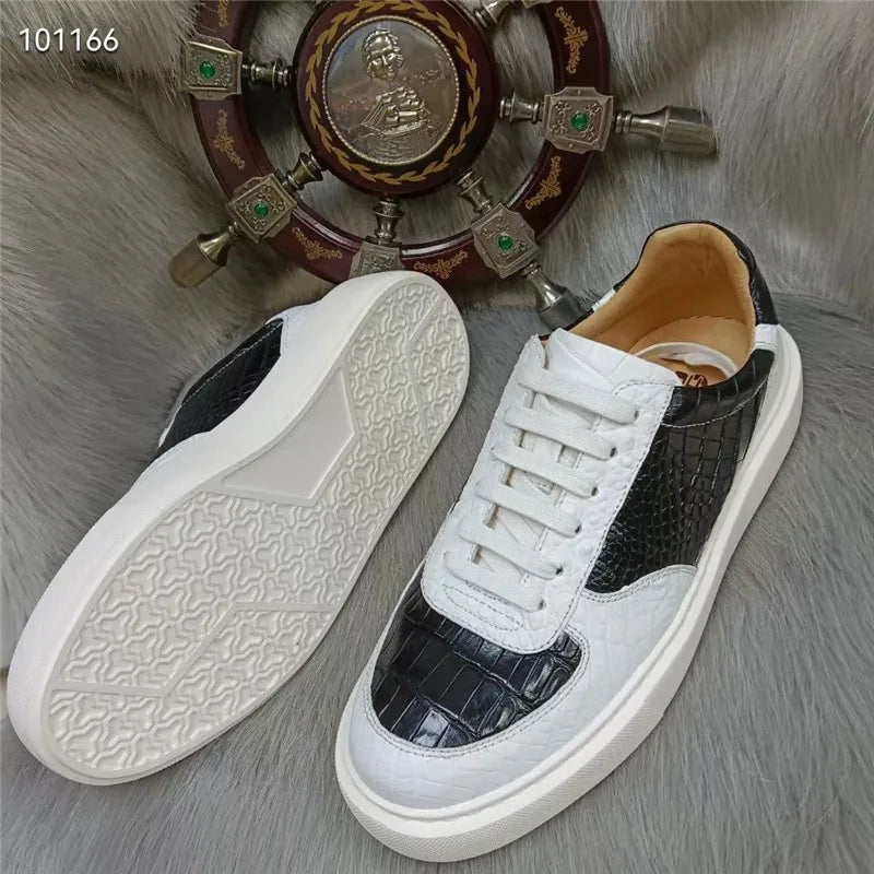 Authentic Exotic Crocodile Skin Black White Color Casual Board Shoes