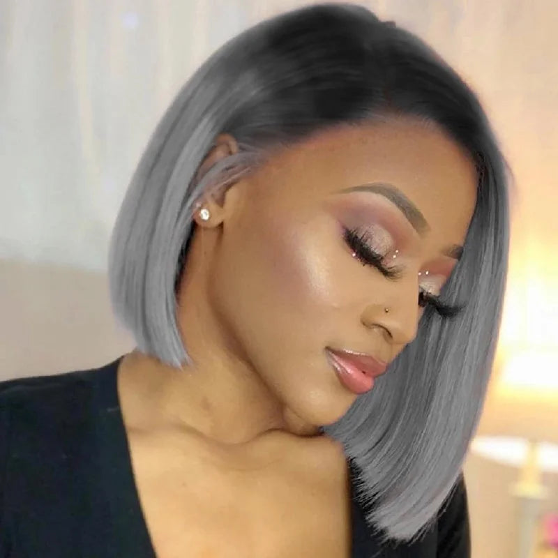 Gray Human Hair Short Straight Bob 14inch 13×4 Frontal Transparent Wig