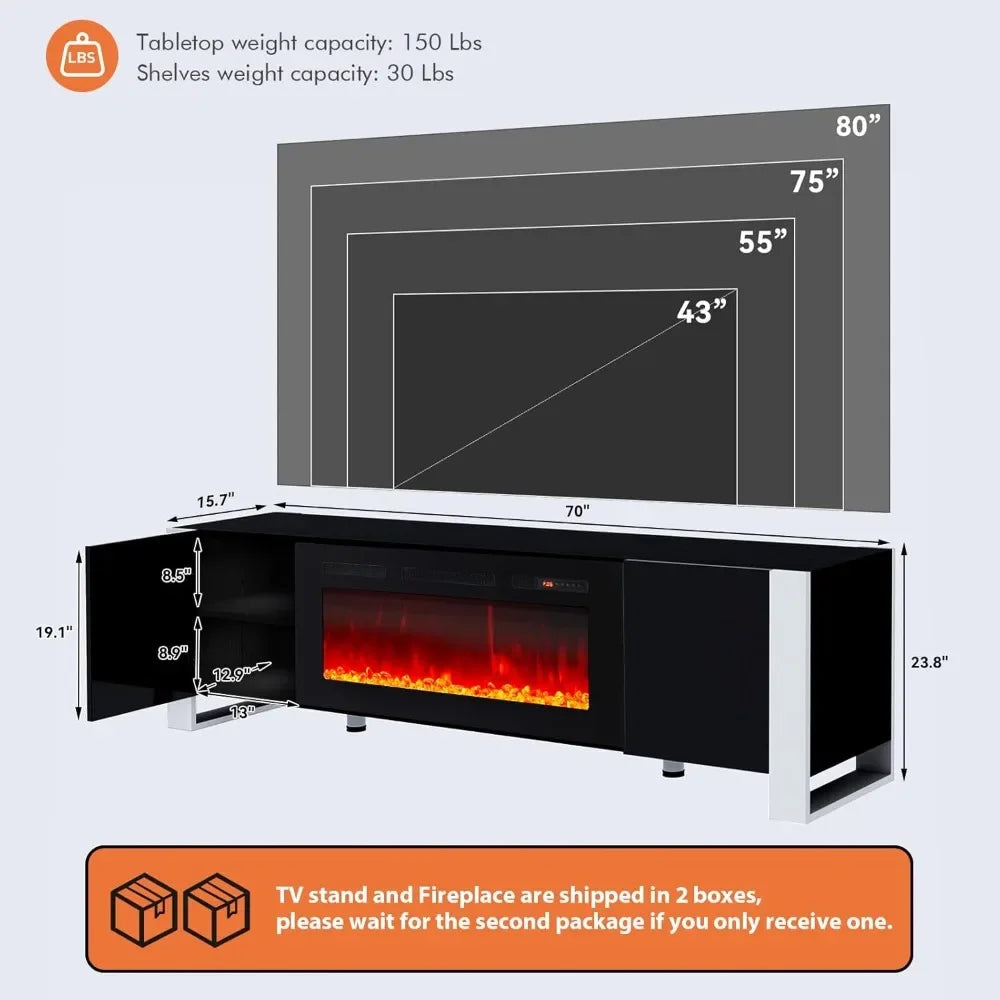 70" Fireplace TV Stand With 36" Electric Fireplace with LED Lights, Adjustable Legs TV