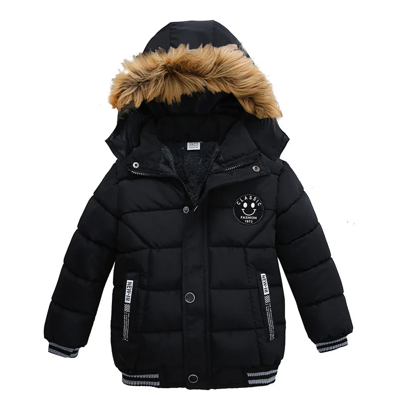 Boys Hooded Zipper Fashion Fur Collar Outerwear