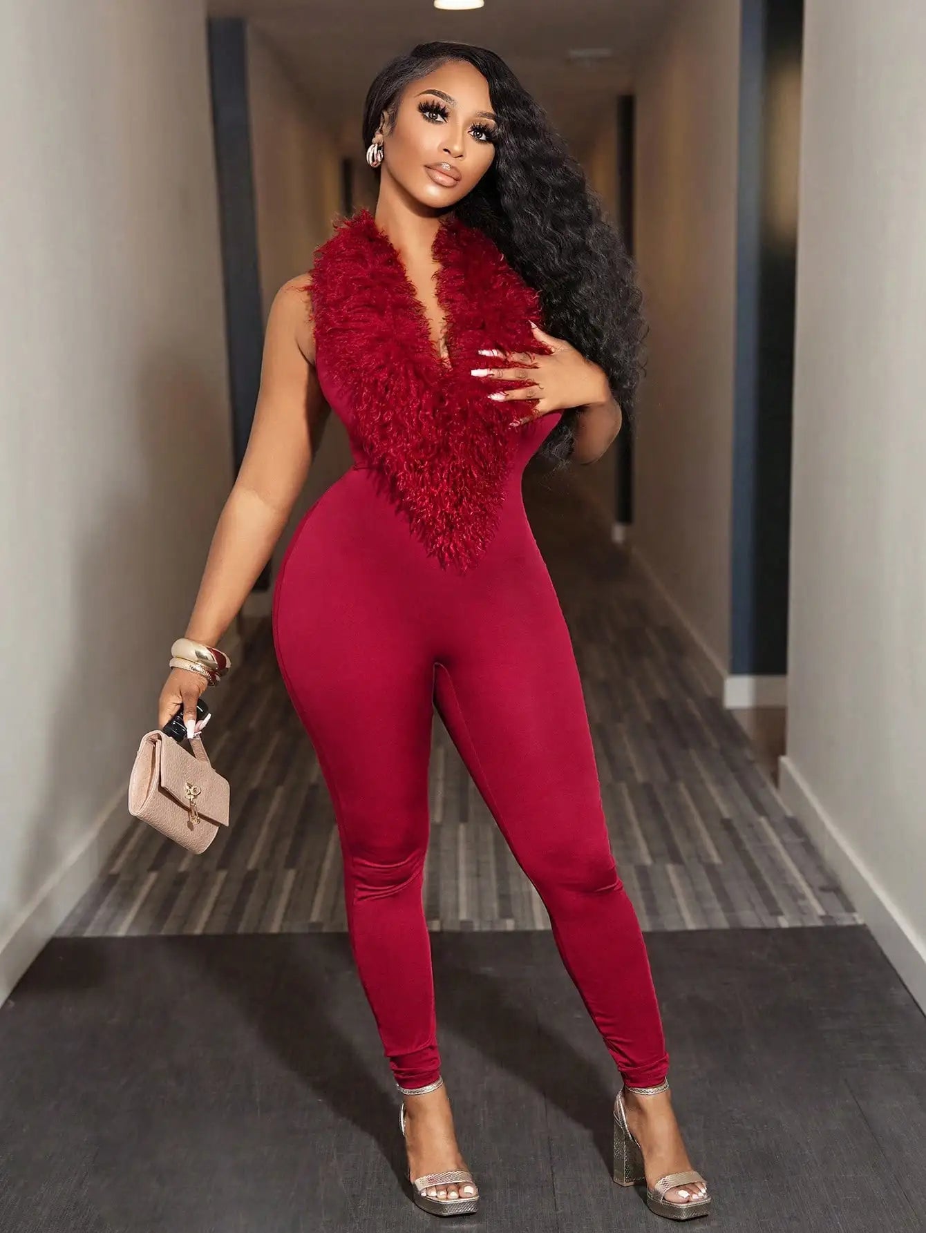 Solid Color Furry Turtleneck Jumpsuit