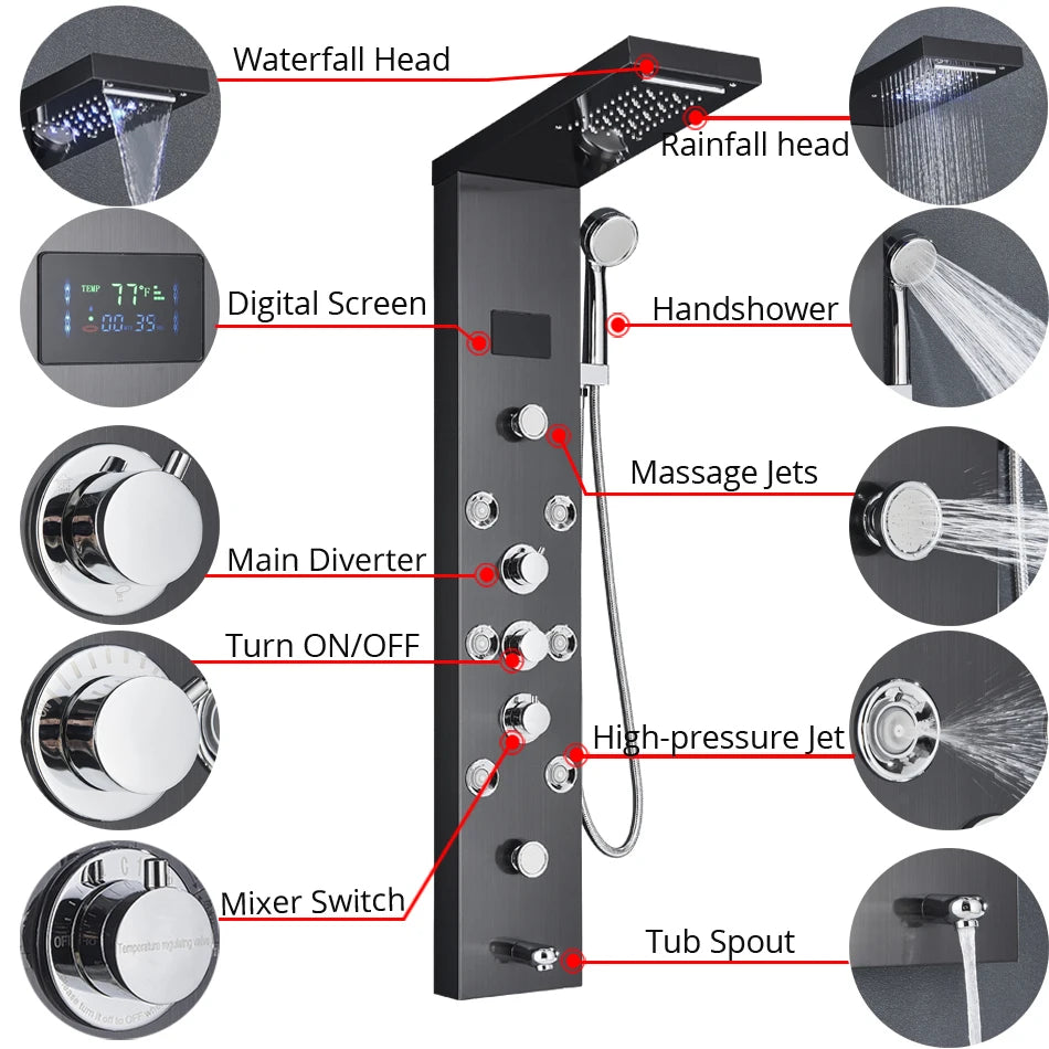 Black/Brushed Bathroom LED Rainfall Shower Panel System