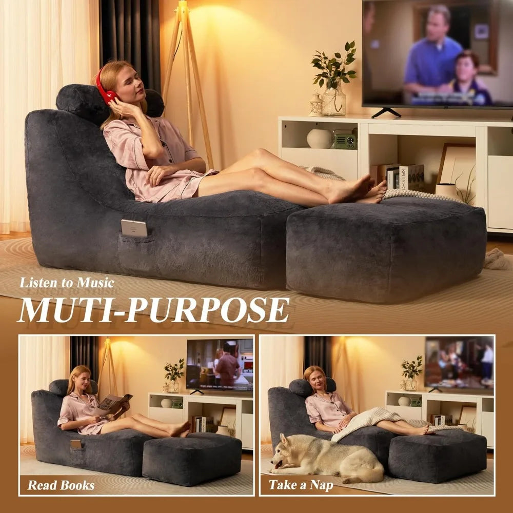 Large Lazy Beanbag Sofa with Neck Roll & Ottoman