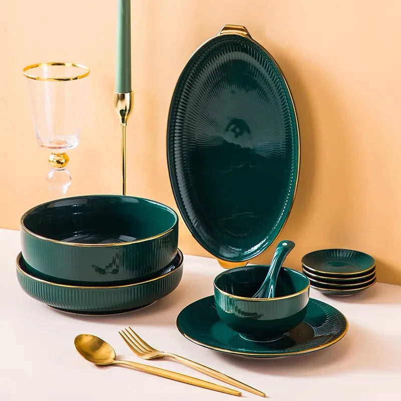 Green Porcelain Dinner Ceramic Dishes Set