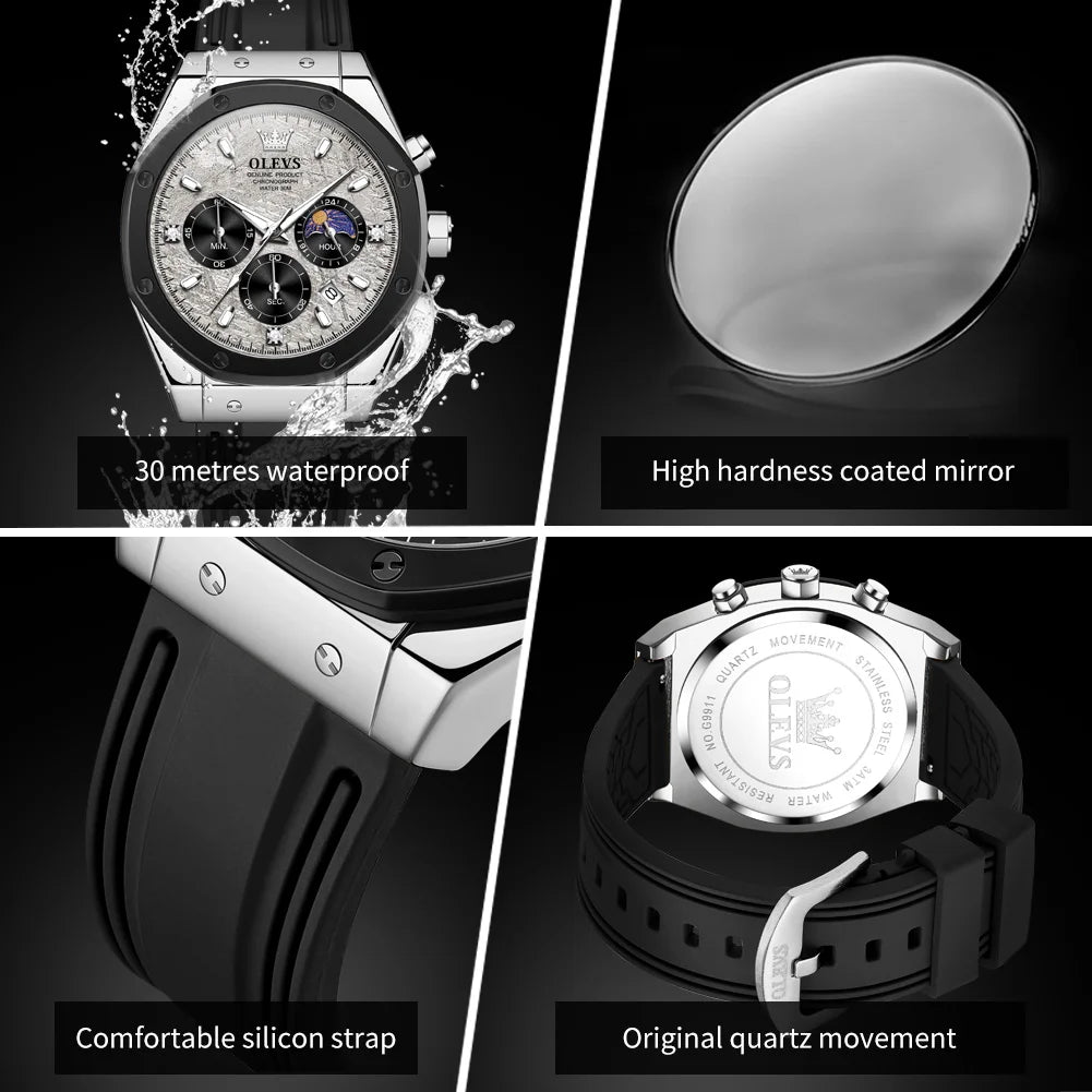 Waterproof Moon Phase Chronograph Quartz Watch