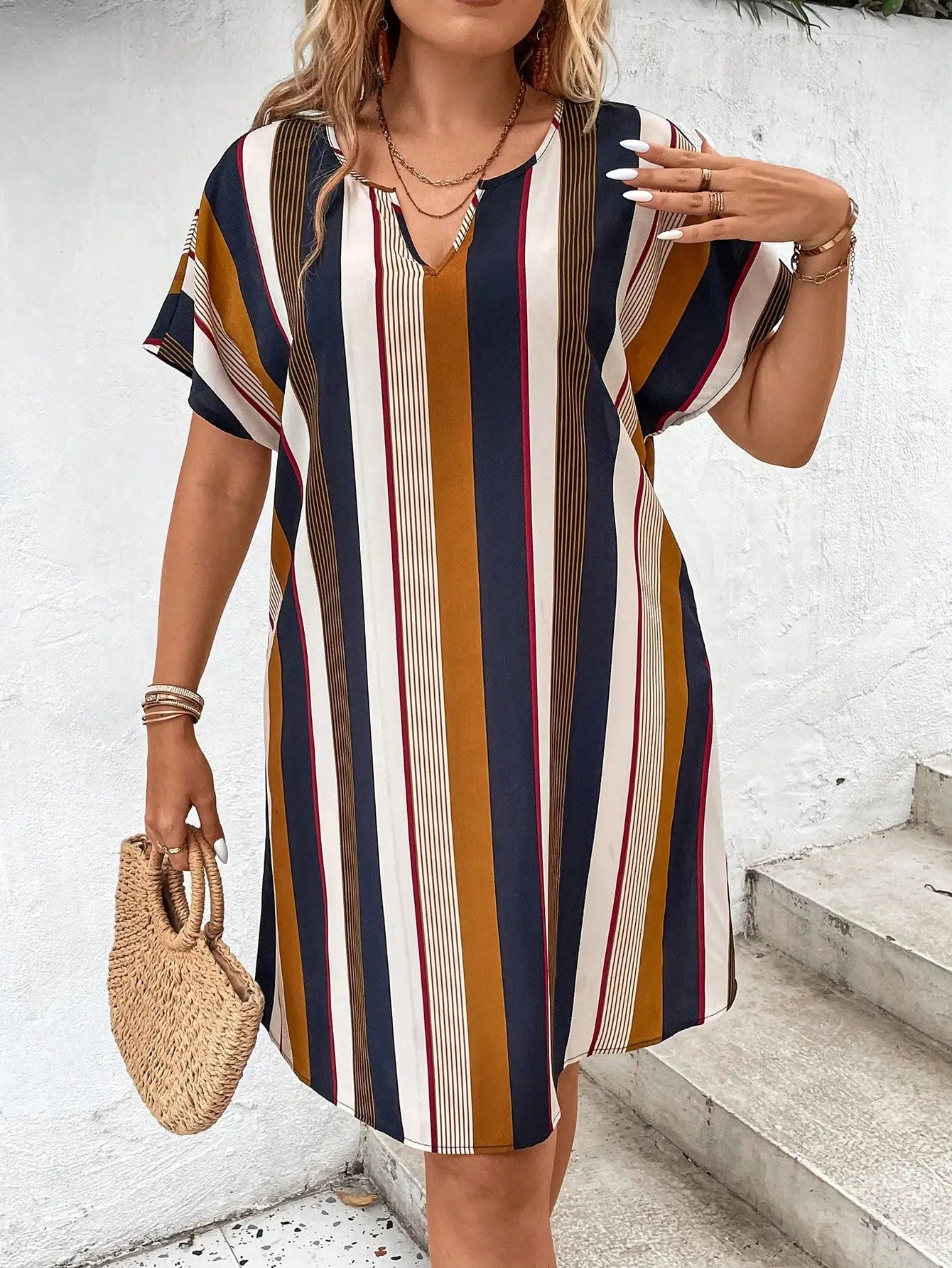 Plus Size Women Striped V-Neck Loose Casual Dress