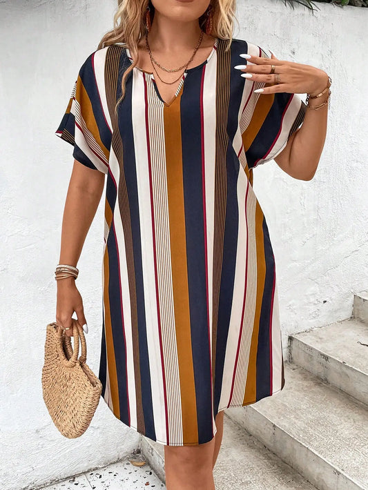 Plus Size Women Striped V-Neck Loose Casual Dress