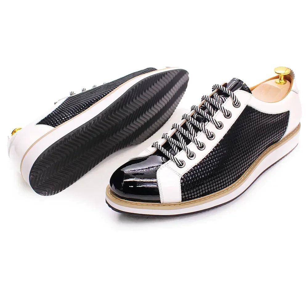 Patent Leather Lace-up Black White Casual Shoes for Men