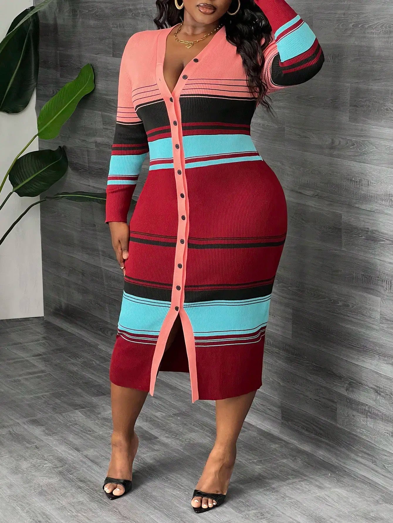 Plus Size Striped Knit Cardigan Dress