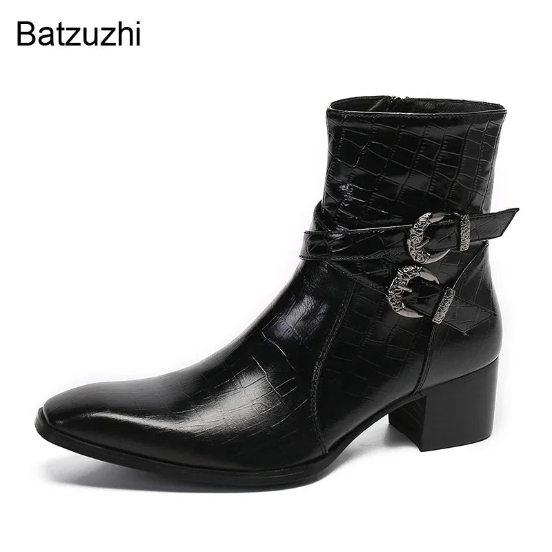 Handmade Pointed Toe Black Genuine Leather Boots with Buckles