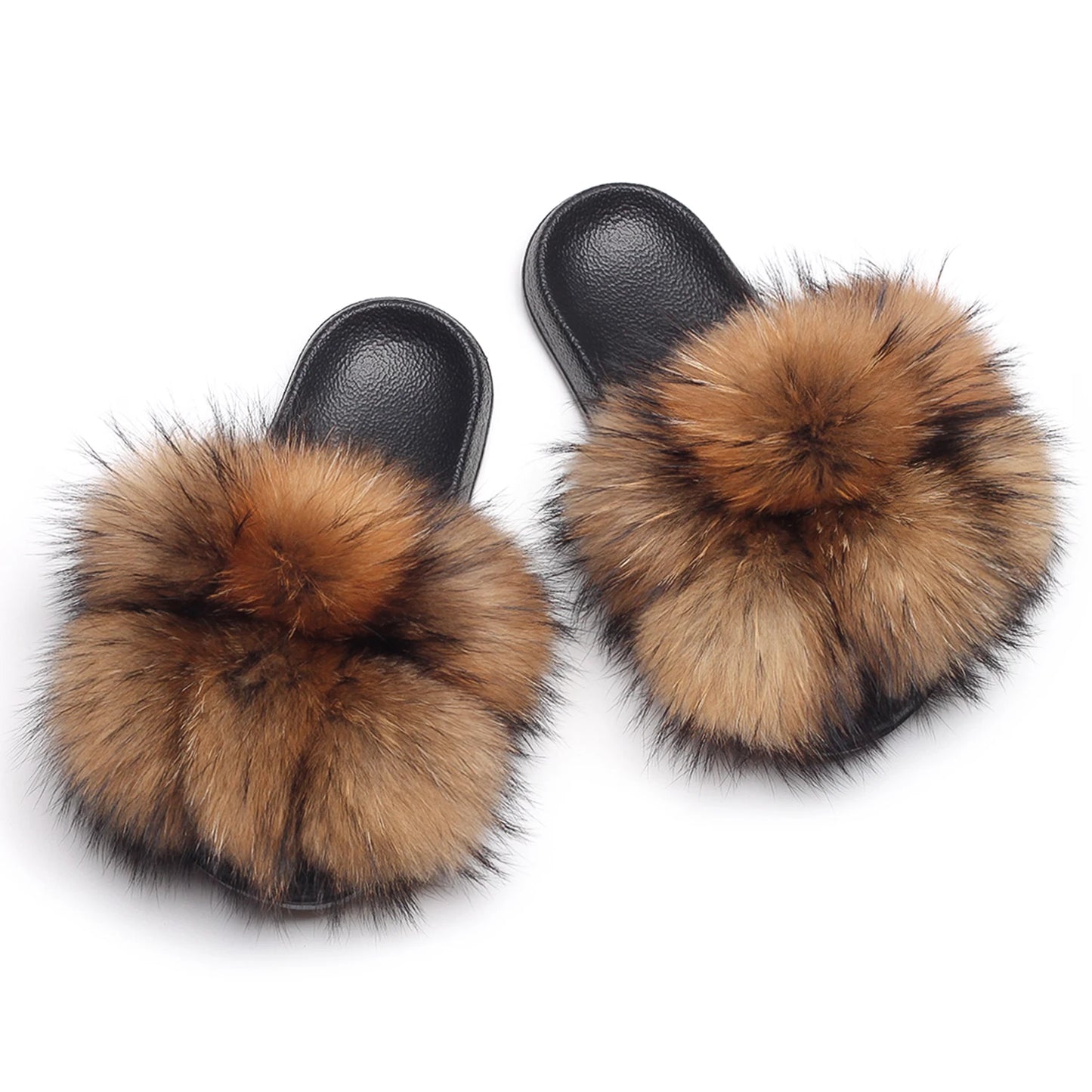 Real Fox Raccoon Slippers Pom Pom Fur Slides