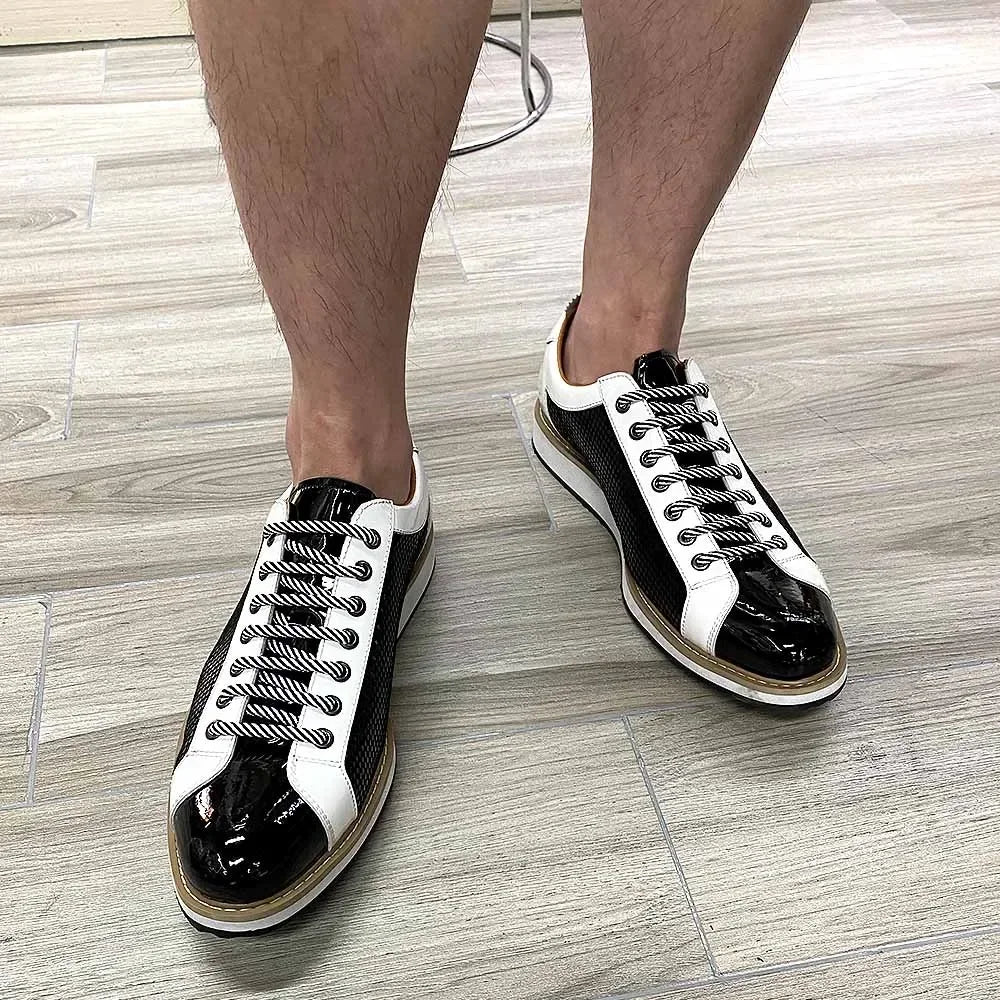 Patent Leather Lace-up Black White Casual Shoes for Men