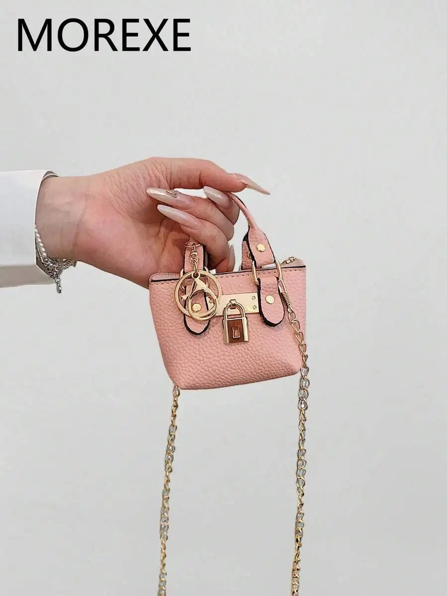 Mini Top-Handle Handbag with Gold Chain Strap and Lock Charm