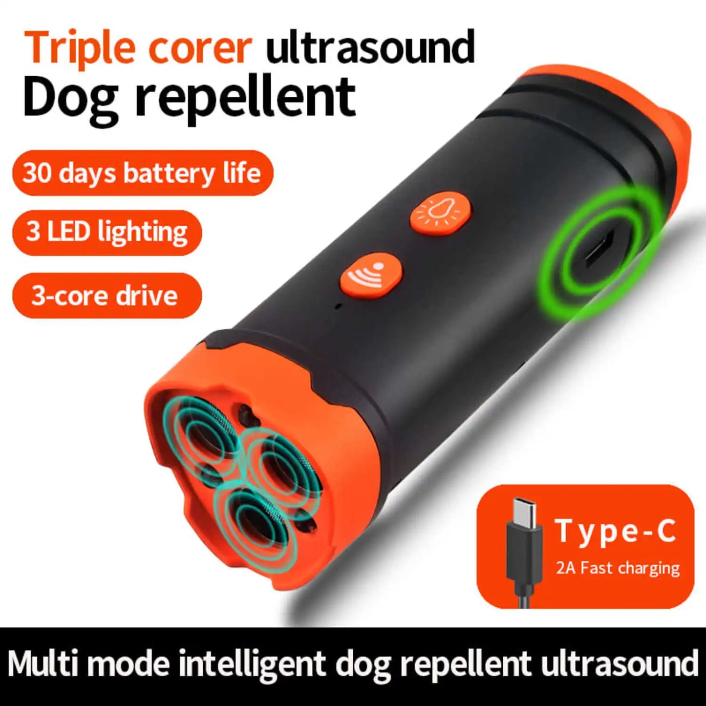 Ultrasonic Dog Repeller with LED Light Tri-core High Power