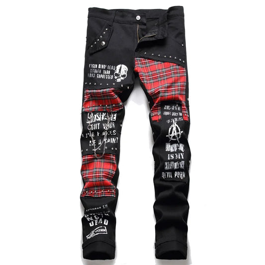 Men's Scotland Red Plaid Tartan Patchwork Jeans