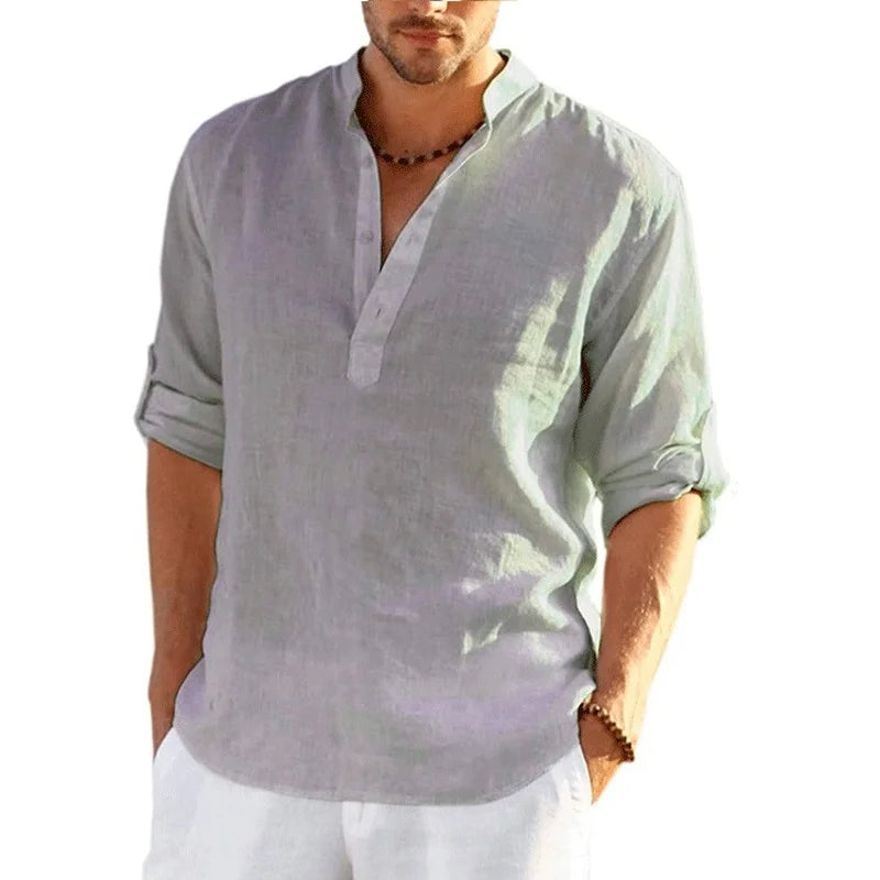 New Men's Linen Long Sleeve T-Shirt Solid Color