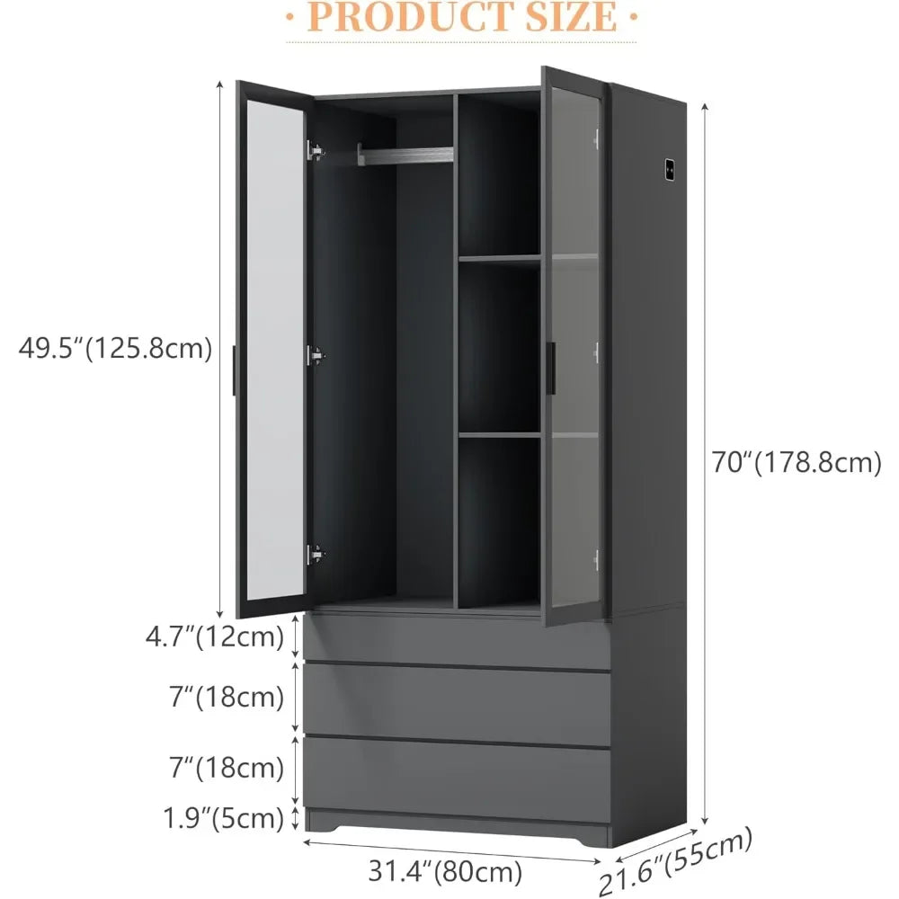LED Armoire Wardrobe Closet Cabinet 3 Drawers Lights Adjustable Shelves Hanging Rod- 70"
