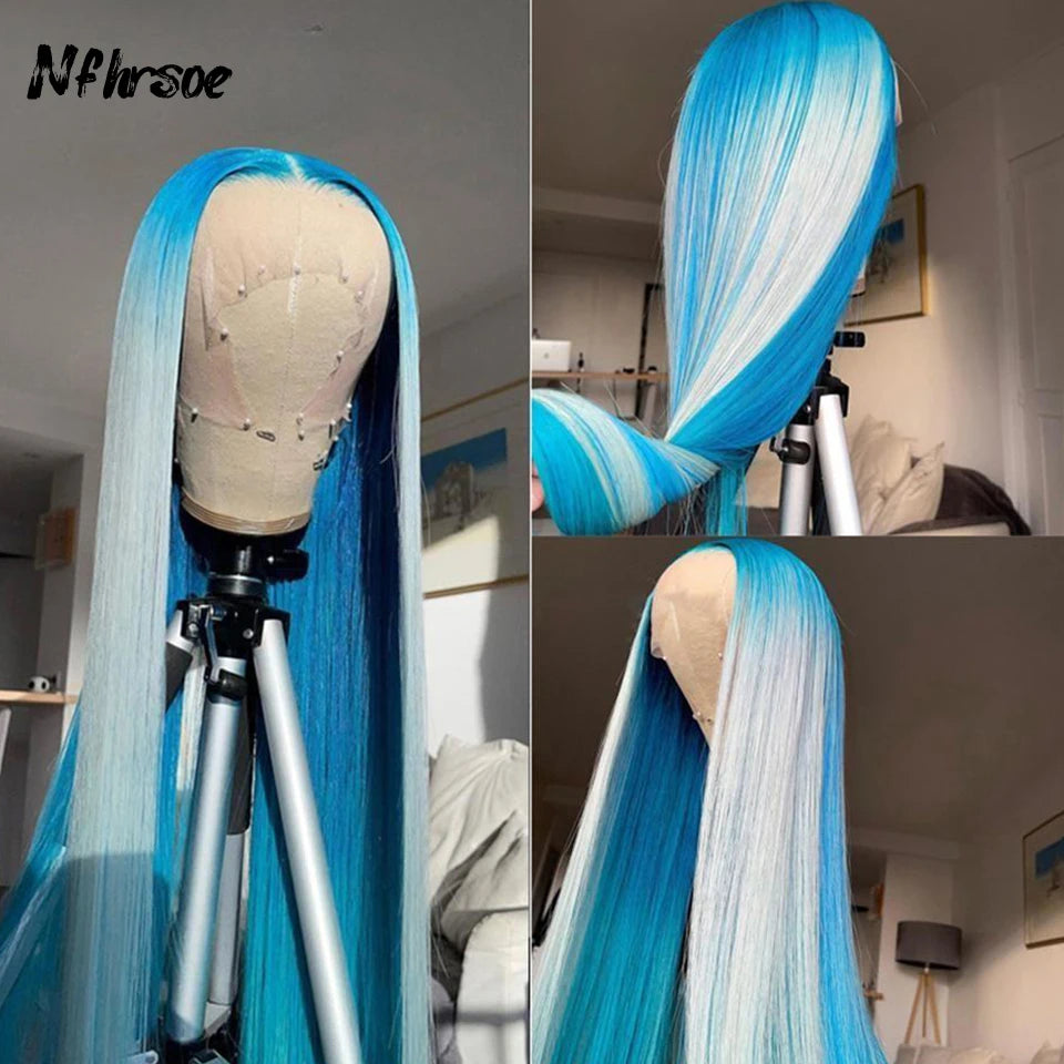 Highlight 13x4 Transparent Blue White Lace Front Human Hair Wig