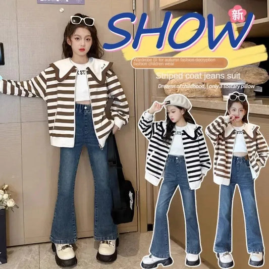 Autumn Striped Coat Jeans Suit for Girls 5 To 16 Years Teenager