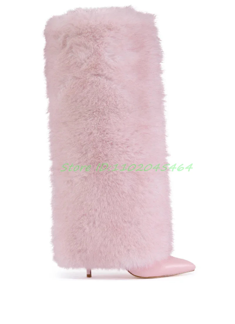 Sexy Fur Pointed Toe Knee High Boots