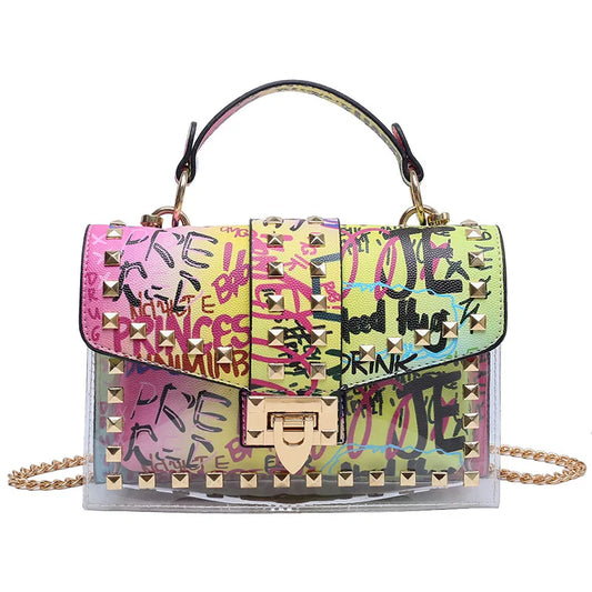 Womens Studded Graffiti Crossbody Bag