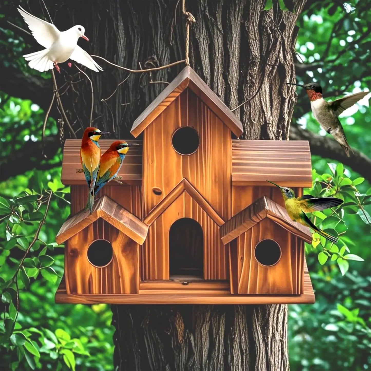Outdoor Bird House, Handmade 6-hole, Hanging Habitat