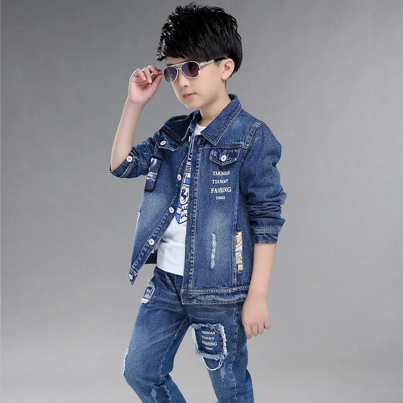 Teenage Boys Denim Clothes Set Jean Coat and Pants