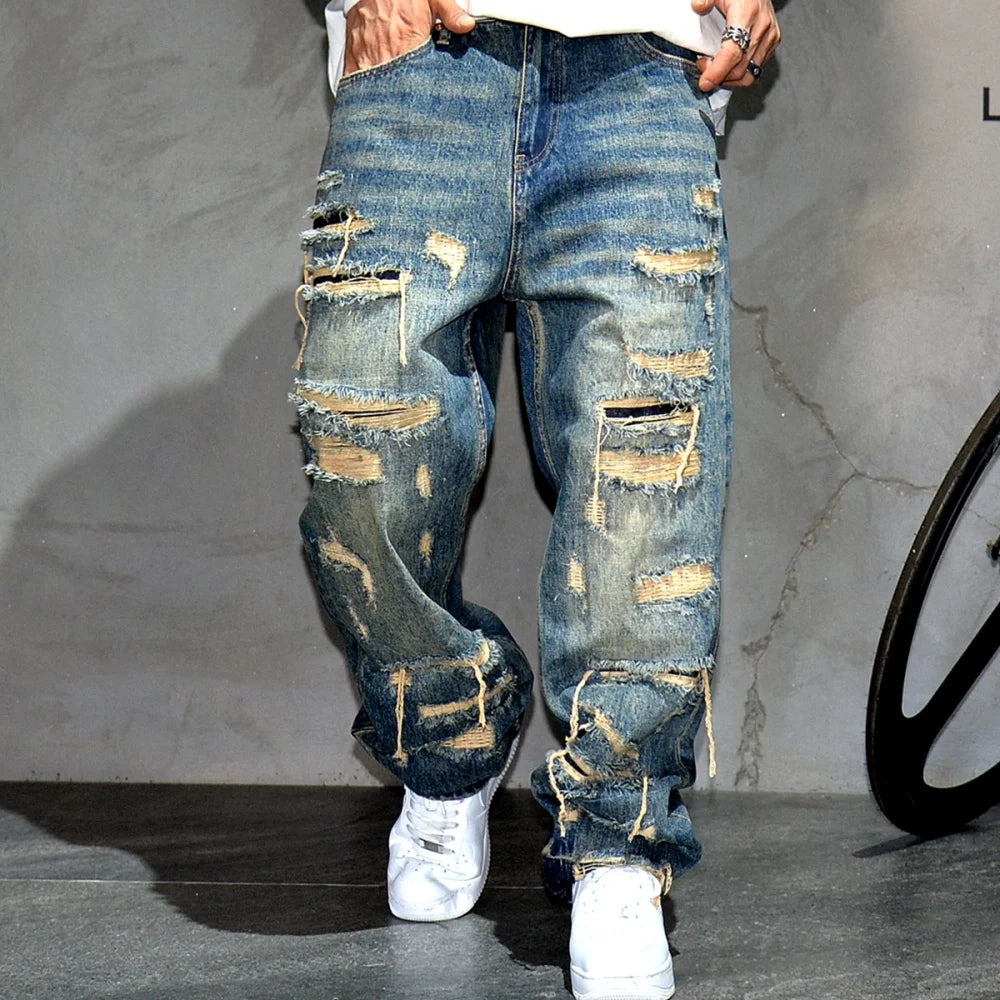 American Streetwear Hand Sewn Patch Ripped Jeans