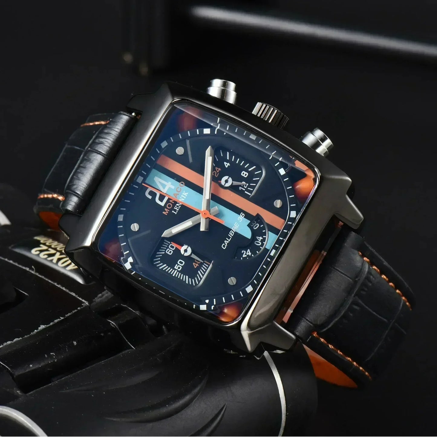 Monaco Square Case Leather Strap Watch