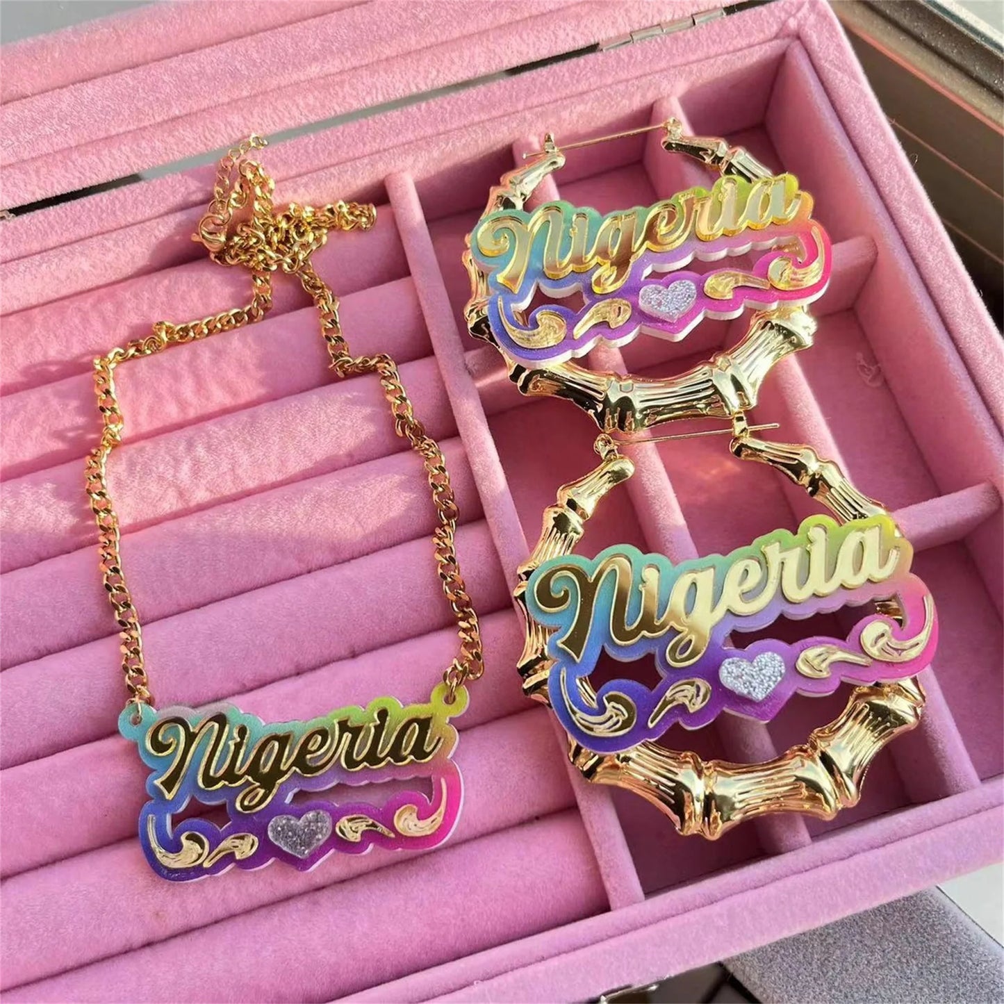 Customized Rainbow Name Earrings Necklace Set