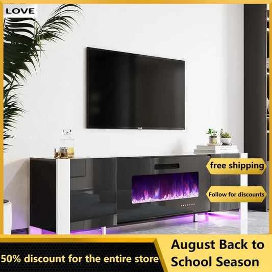 Modern High Gloss Entertainment Center LED Lights Cabinet for TVs Up to 80"