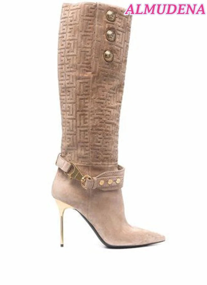 Suede Metal Buckled Pointed Toe Leather Knee High Boots