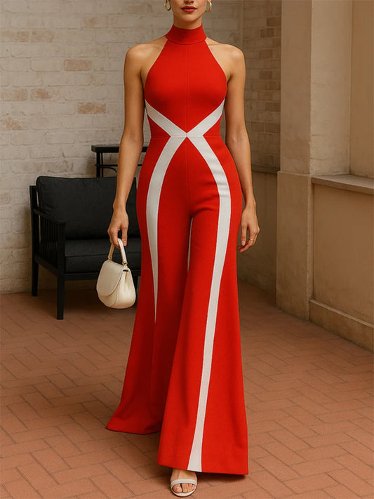 Red High-Neck Off-Shoulder Wide-Leg Jumpsuit