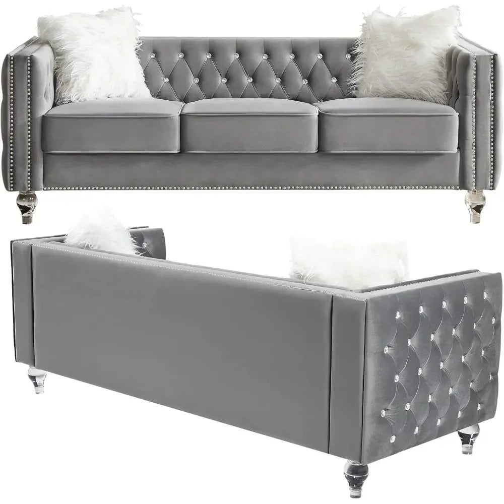 Modern Decor Furniture Tufted Sofa Set with Nailhead Acrylic Legs and 2 Pillows