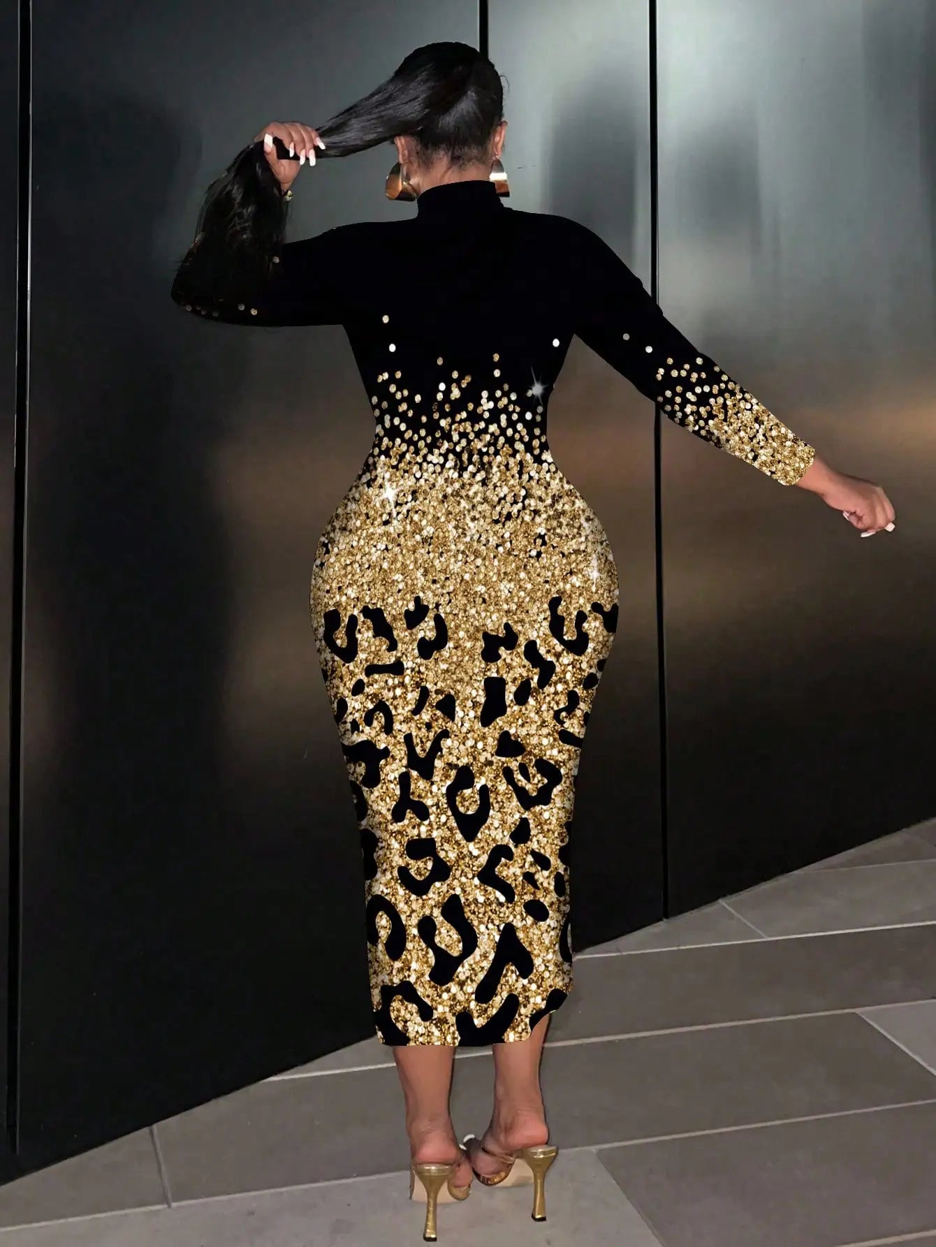 Plus Size Leopard Print Sequin Long Sleeve Dress