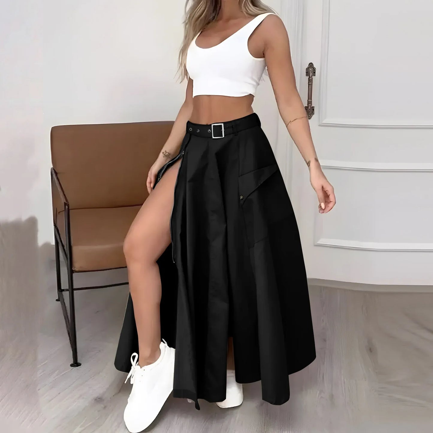 Two Piece Sleeveless Crop Tank Side Split Skirt Set