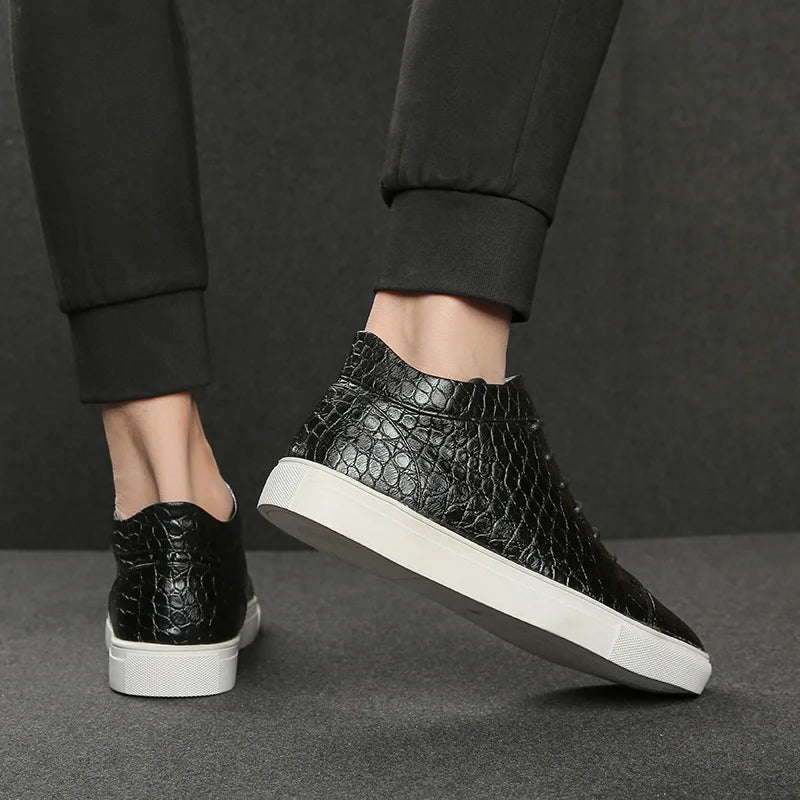 Luxury Retro Brown High Top Lace-up Crocodile Leather Sneakers