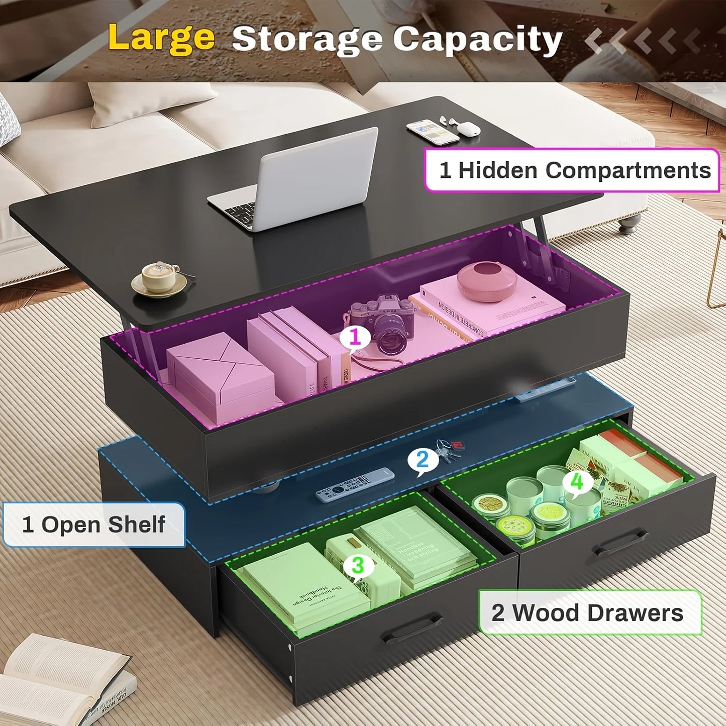 40-Inch Lift-Top Coffee Table with Two Drawers and LED Lighting