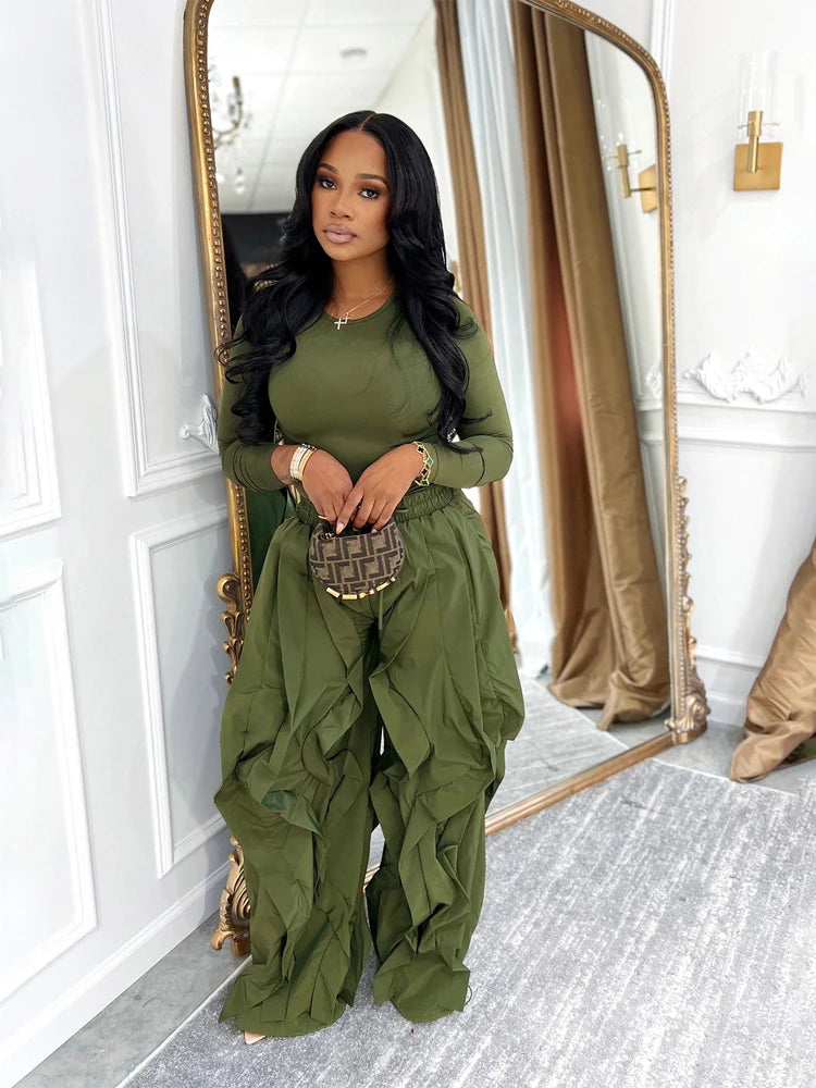 Two Piece Ruffle Drawstring Pants Set
