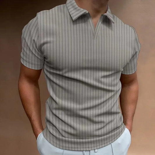 Solid Color Polo Shirt V-neck Striped Breathable