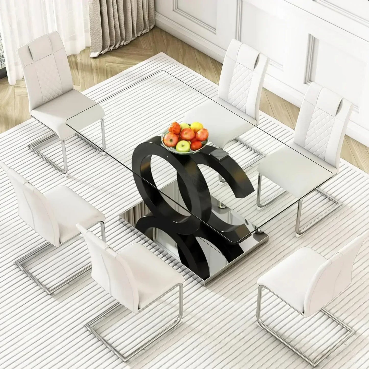 63”Glass Dining Table Set 0.39”Tempered Glass Rectangular Table with Chairs Set of 6