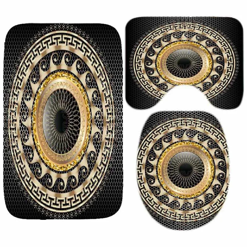 3PCS Luxury Black Gold Greek Bath Rug Set