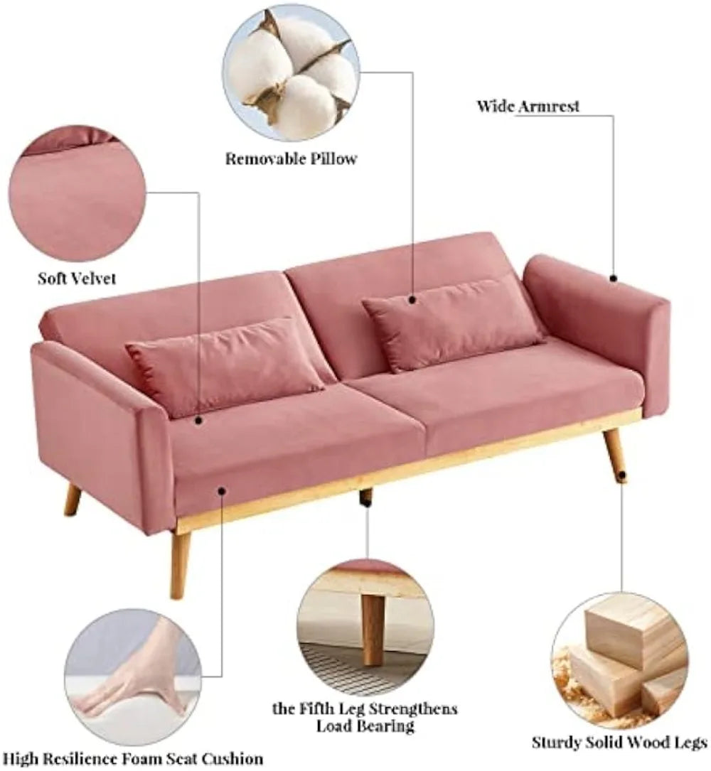 Pink Velvet Futon Sofa Bed Memory Foam with Pillows